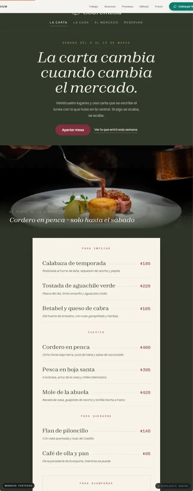 Recorrido completo del sitio de Sobremesa, de la primera pantalla al pie